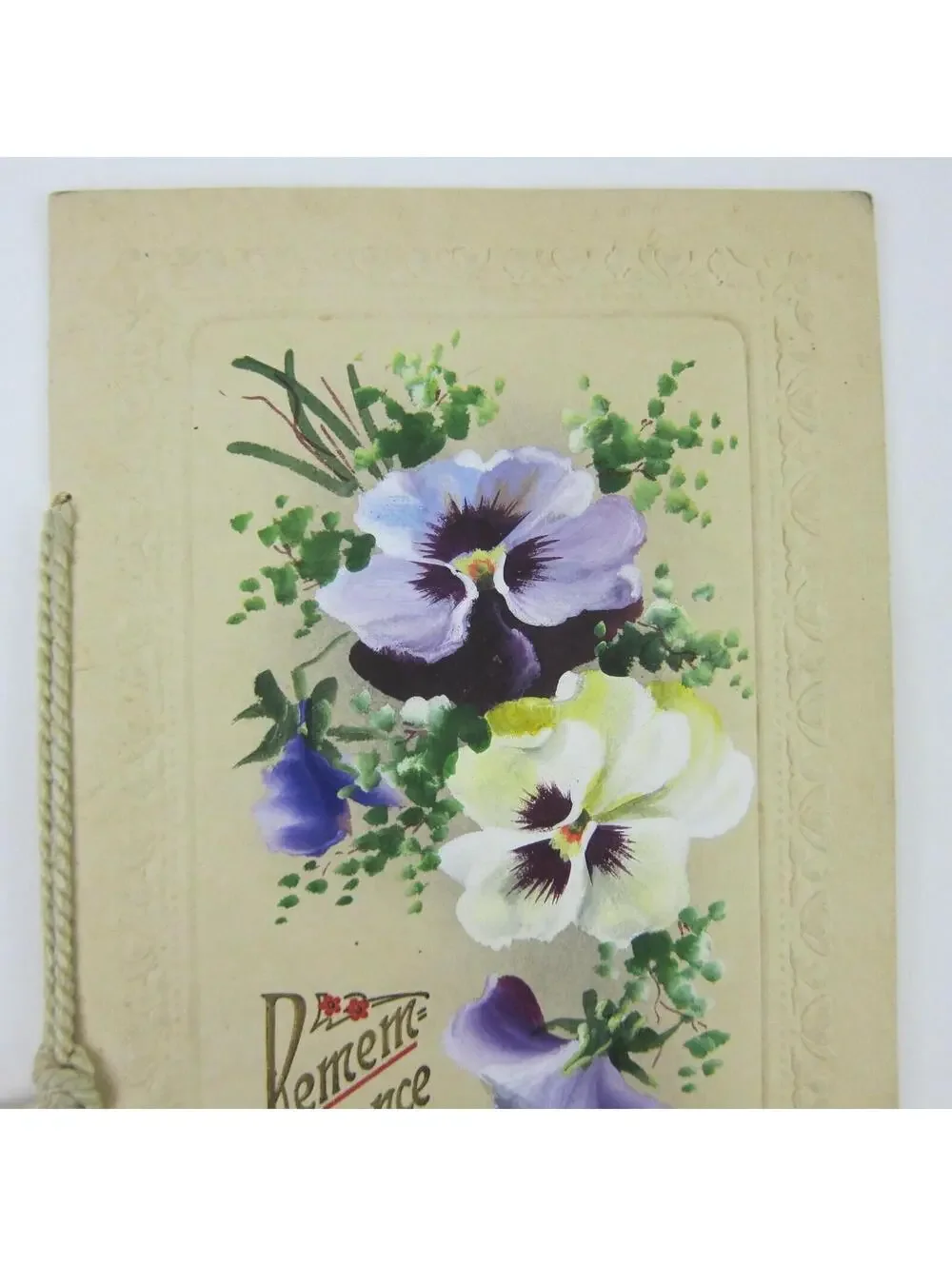 Victorian Christmas Card Remembrance Pansy Flowers Purple Embossed Booklet Style